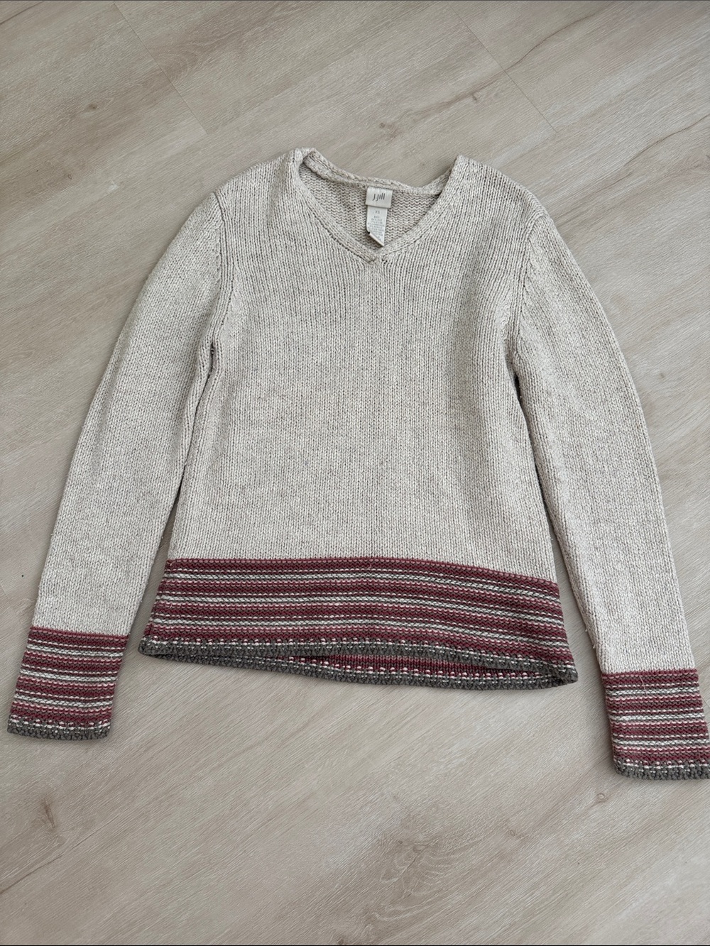 J. Jill Cream V-Neck Sweater with Burgundy and Gray Stripes